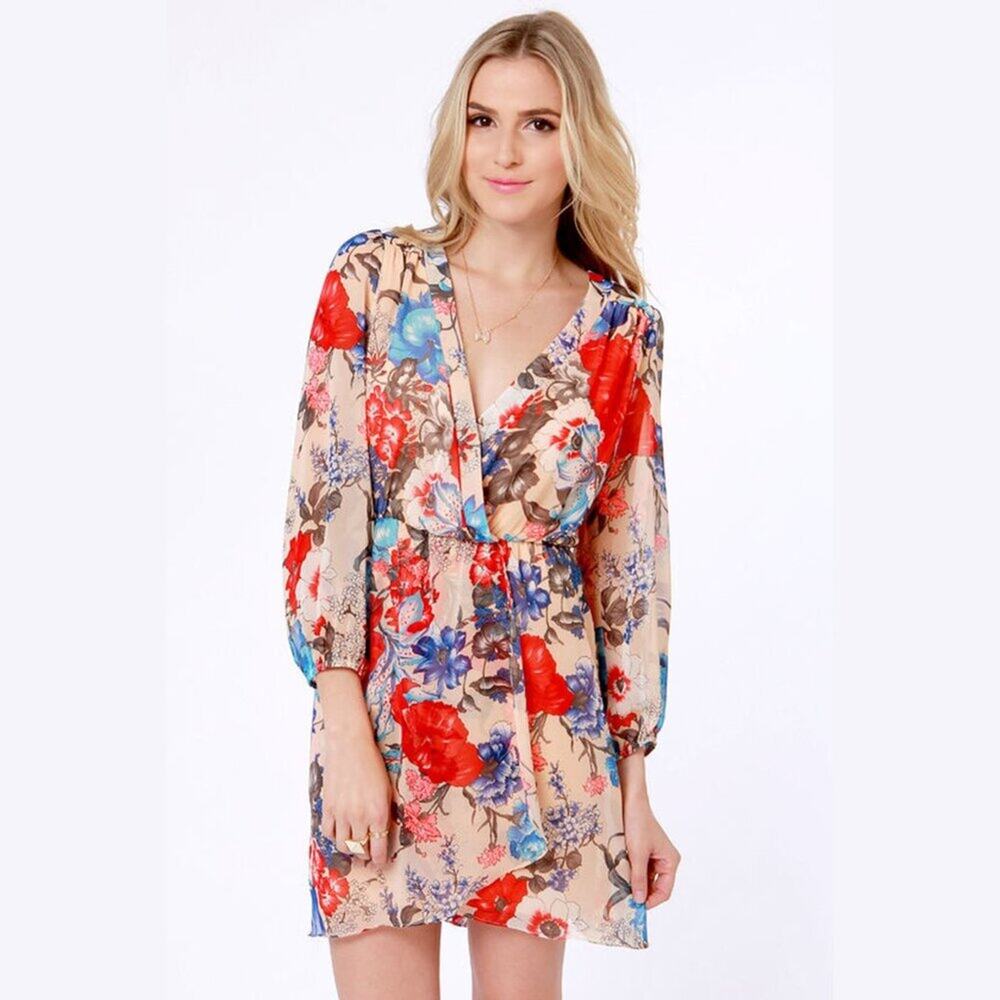 Honey Punch Nude Multicolor Floral Print Flowy Long Sleeve Dress Lulus Womens M